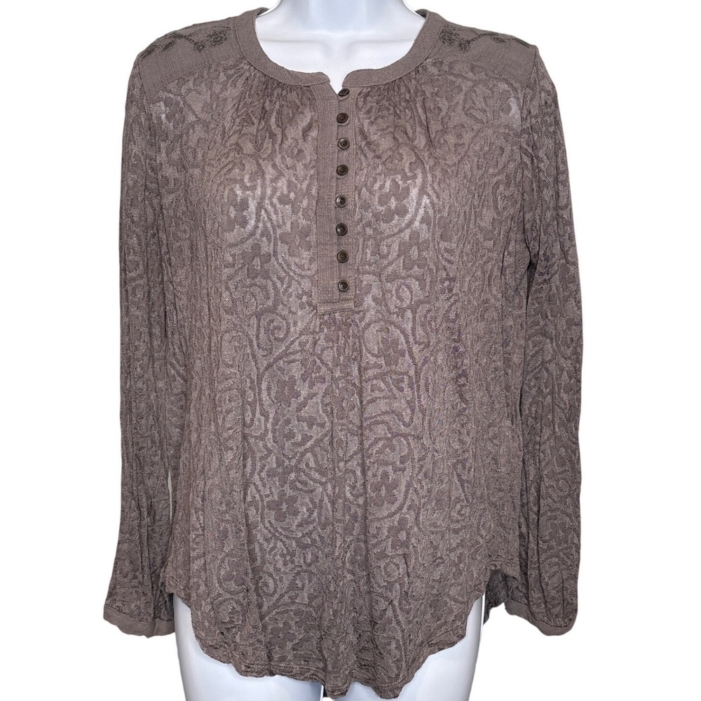 Lucky Brand Womens Taupe Brown Damask Henley Blouse Sz S Floral Embroidery‎ Boho